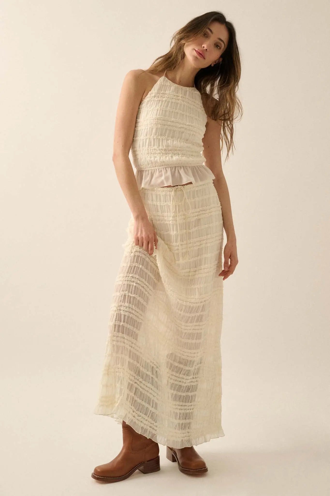 Soft Whispers Ruffled Chiffon Open-Back Halter Top