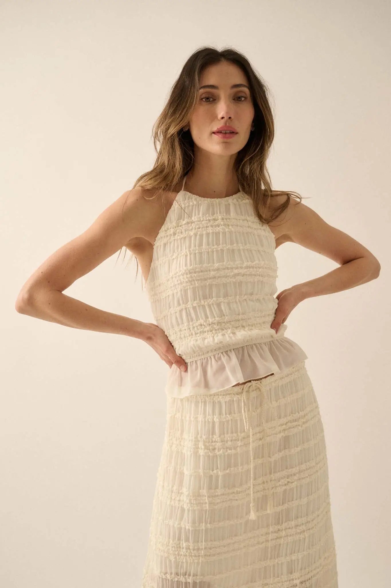 Soft Whispers Ruffled Chiffon Open-Back Halter Top