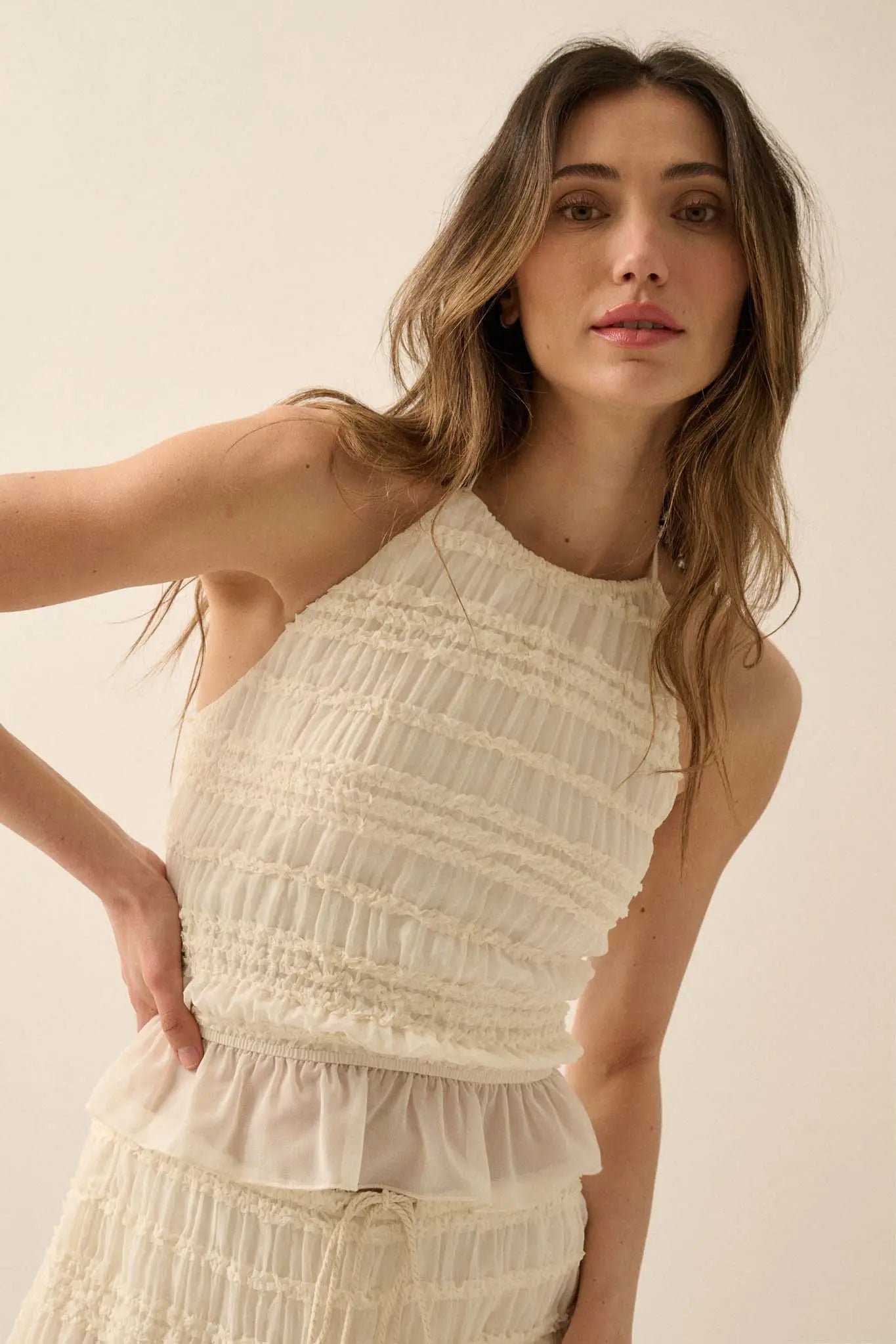 Soft Whispers Ruffled Chiffon Open-Back Halter Top