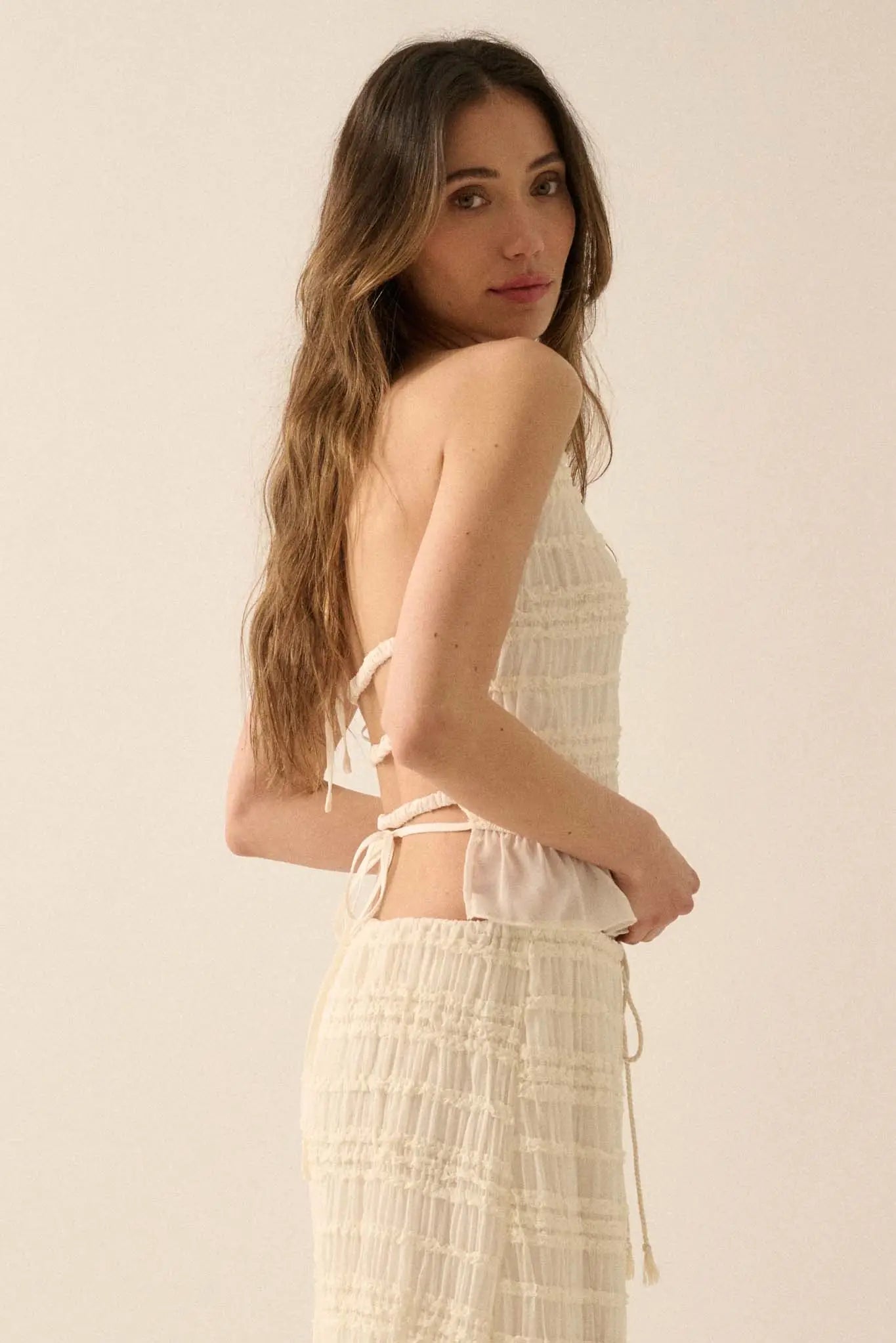 Soft Whispers Ruffled Chiffon Open-Back Halter Top