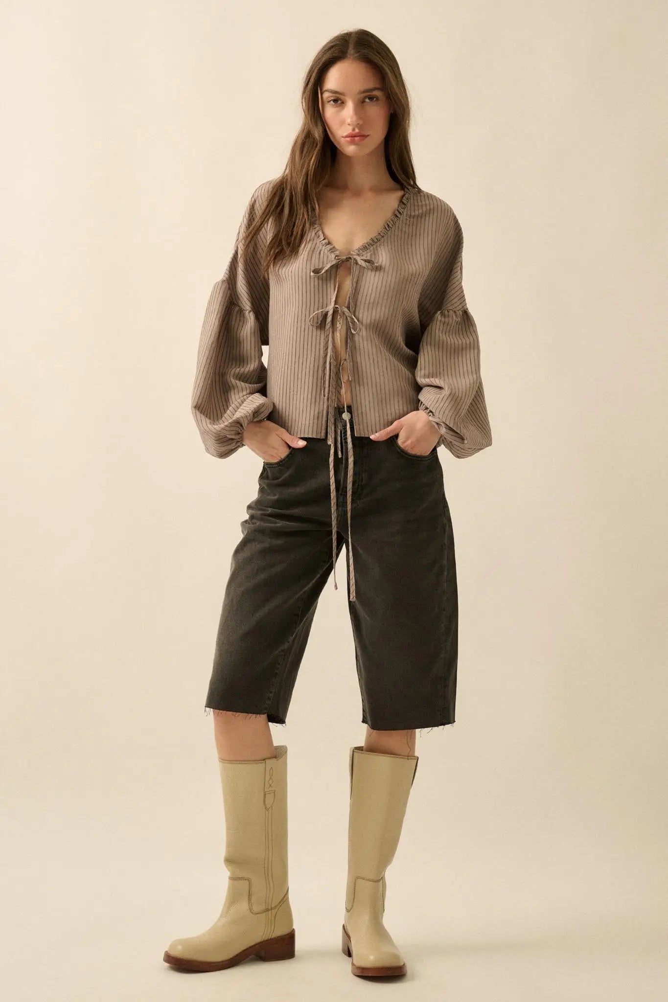 Love Me True Tie-Front Balloon-Sleeve Peasant Top