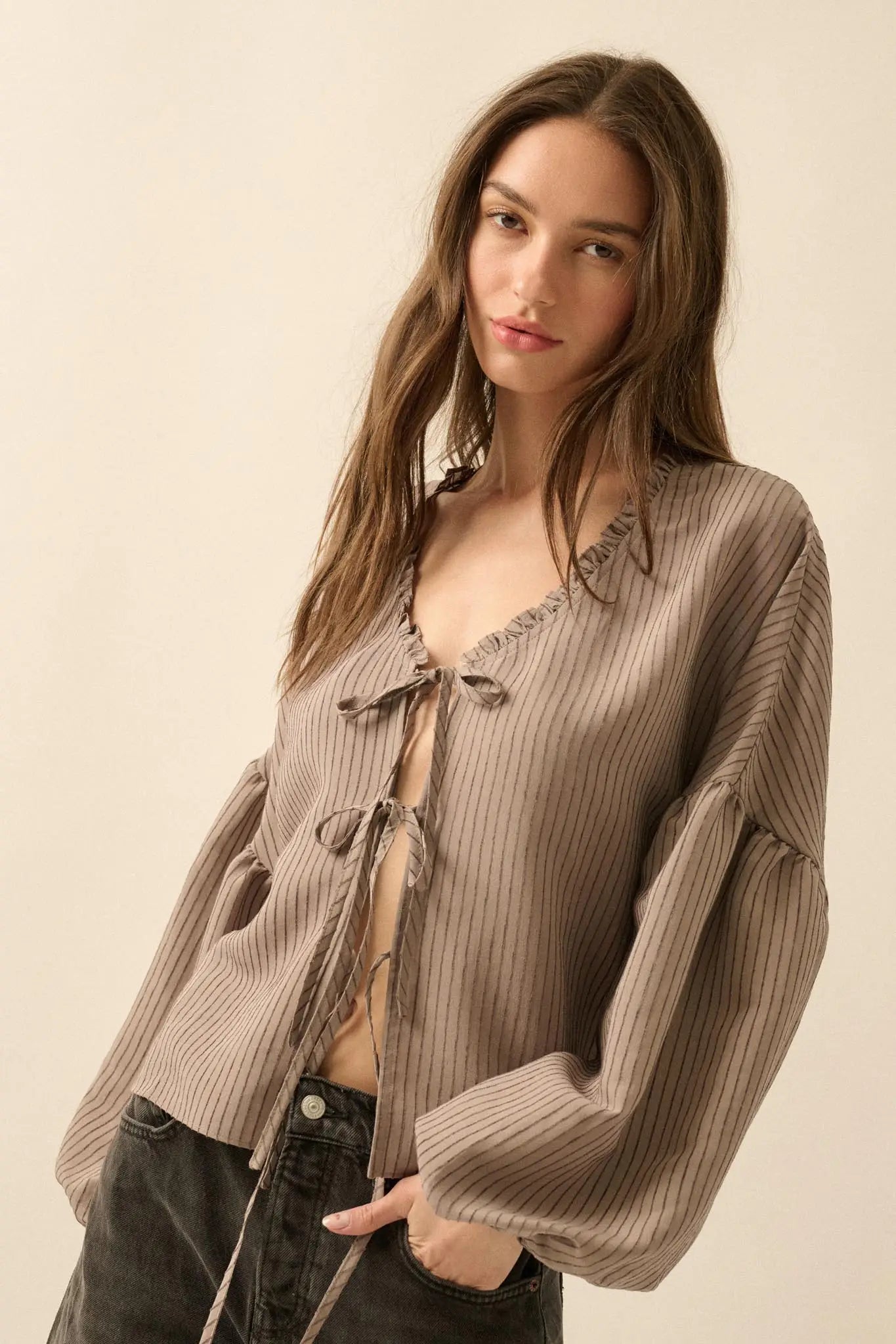 Love Me True Tie-Front Balloon-Sleeve Peasant Top