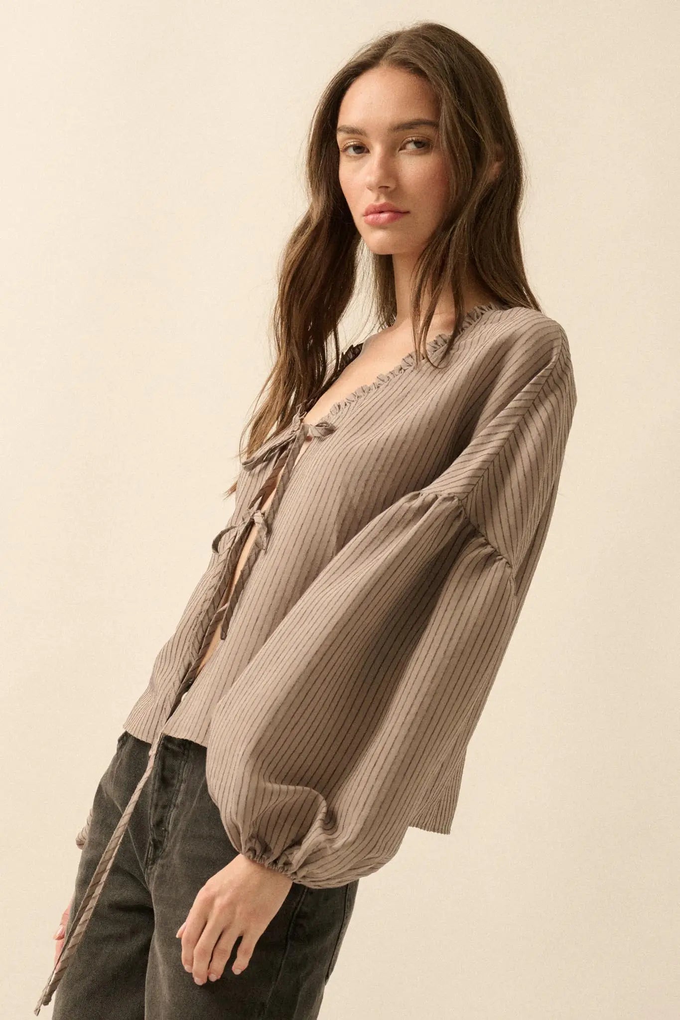 Love Me True Tie-Front Balloon-Sleeve Peasant Top