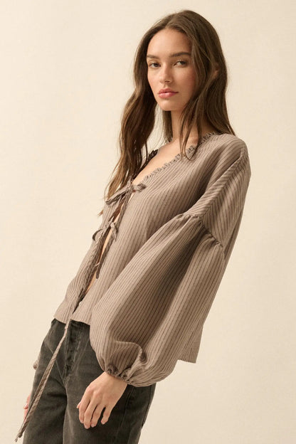 Love Me True Tie-Front Balloon-Sleeve Peasant Top
