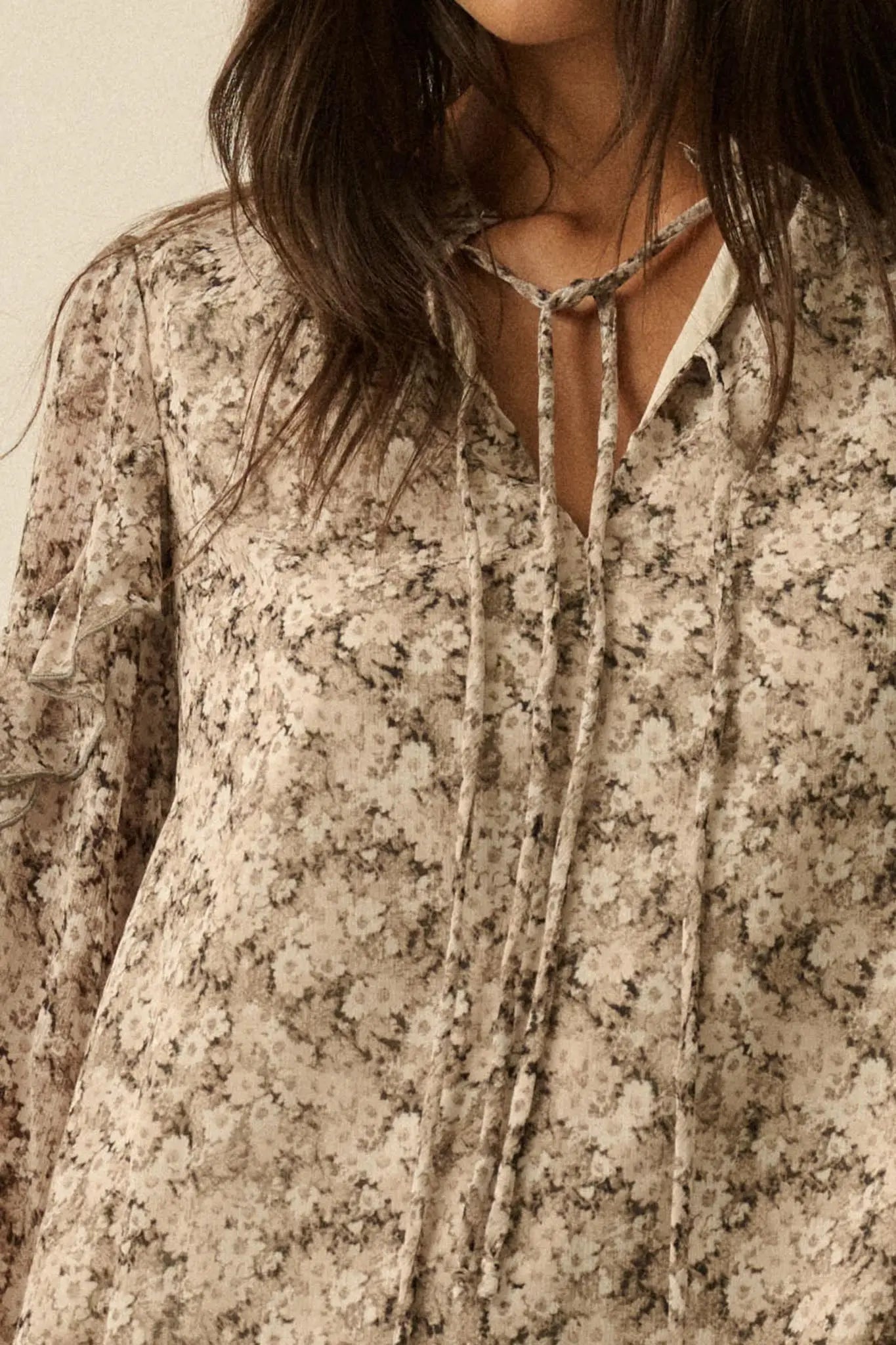 Embrace Me Floral Chiffon Ruffle Bell-Sleeve Top