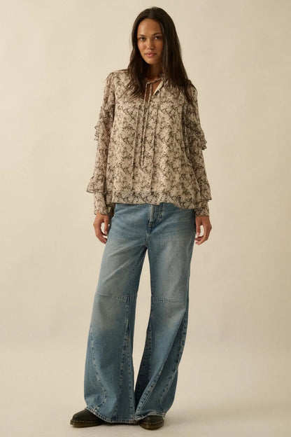 Embrace Me Floral Chiffon Ruffle Bell-Sleeve Top