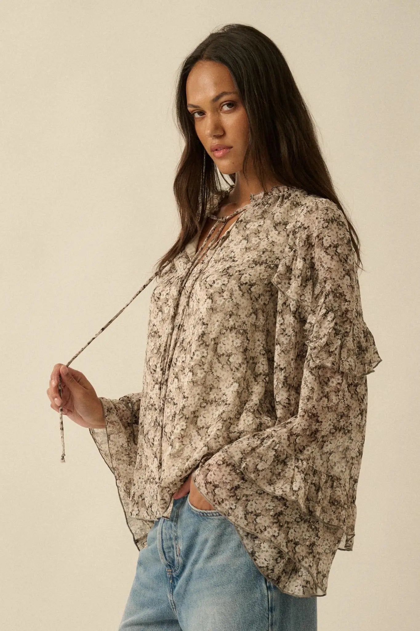 Embrace Me Floral Chiffon Ruffle Bell-Sleeve Top
