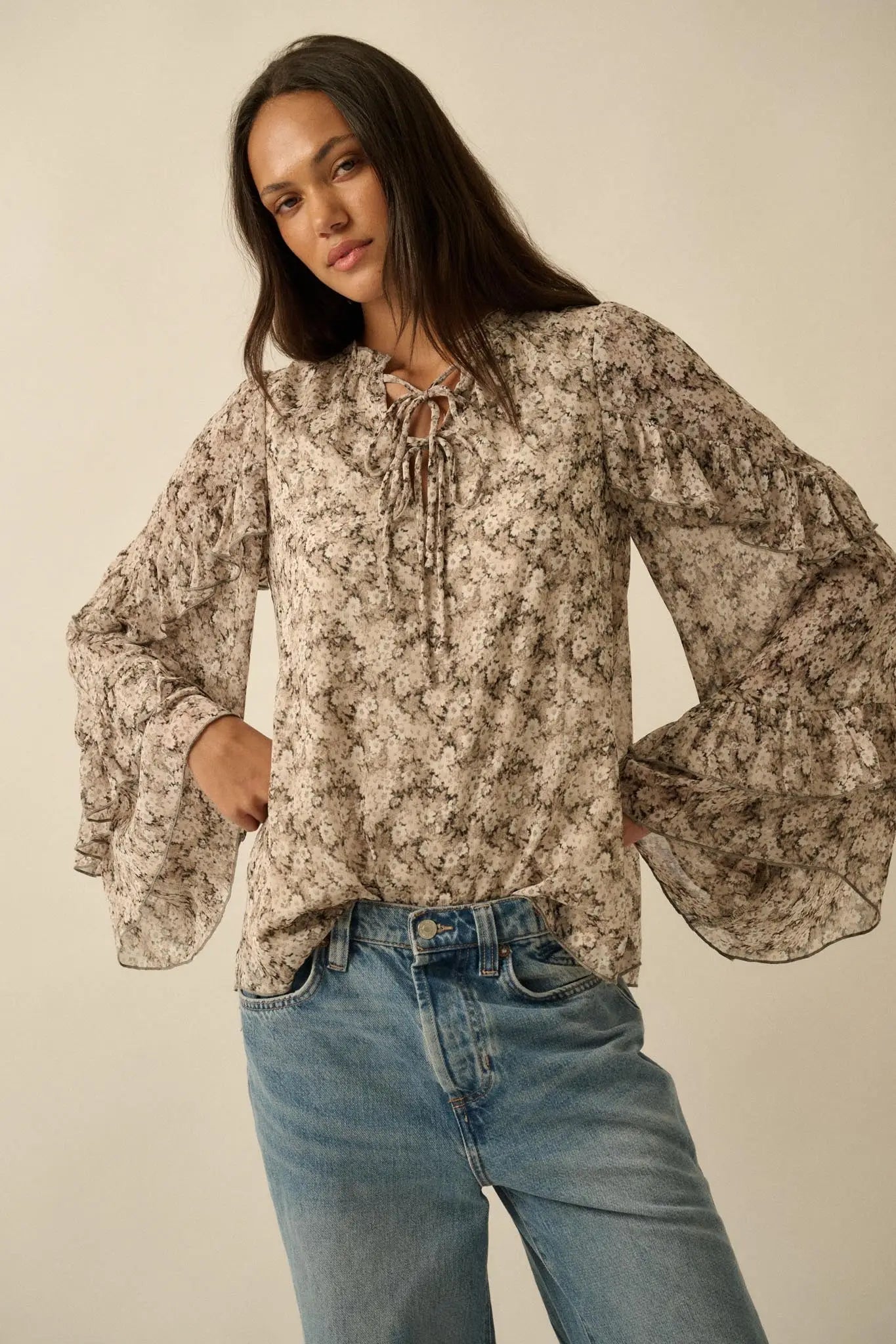 Embrace Me Floral Chiffon Ruffle Bell-Sleeve Top