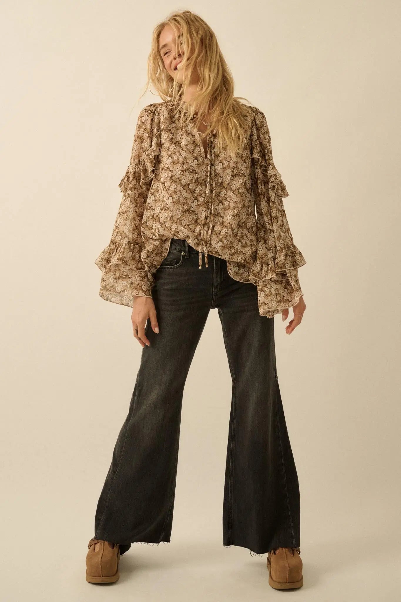 Embrace Me Floral Chiffon Ruffle Bell-Sleeve Top