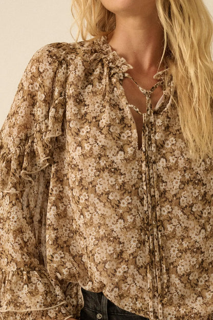 Embrace Me Floral Chiffon Ruffle Bell-Sleeve Top