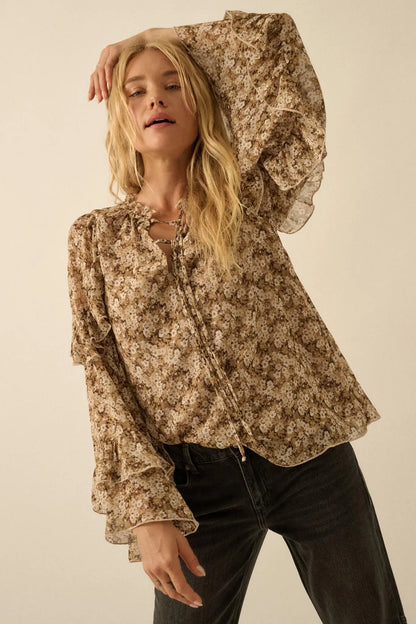 Embrace Me Floral Chiffon Ruffle Bell-Sleeve Top