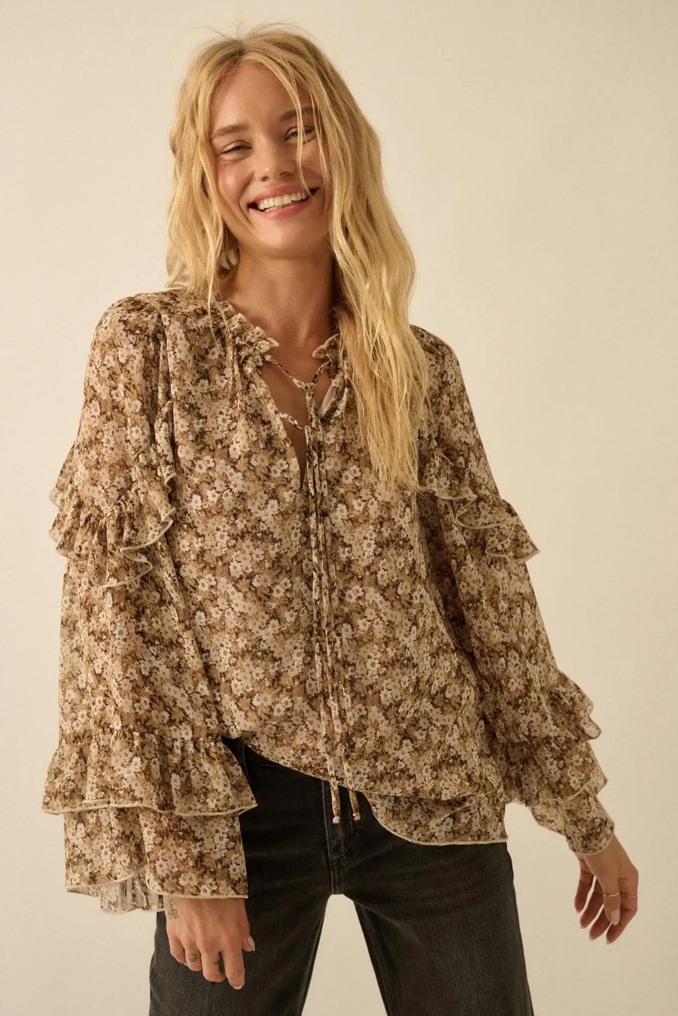 Embrace Me Floral Chiffon Ruffle Bell-Sleeve Top