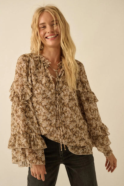 Embrace Me Floral Chiffon Ruffle Bell-Sleeve Top
