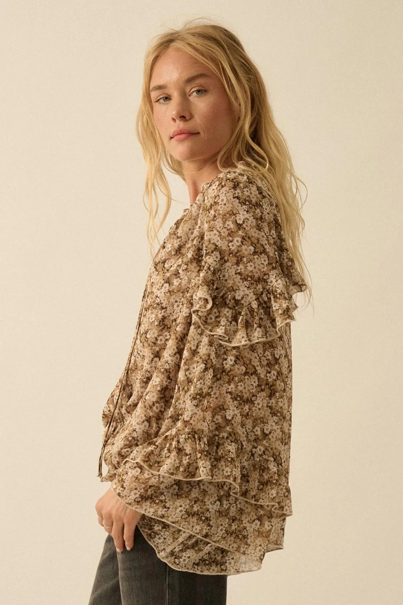 Embrace Me Floral Chiffon Ruffle Bell-Sleeve Top