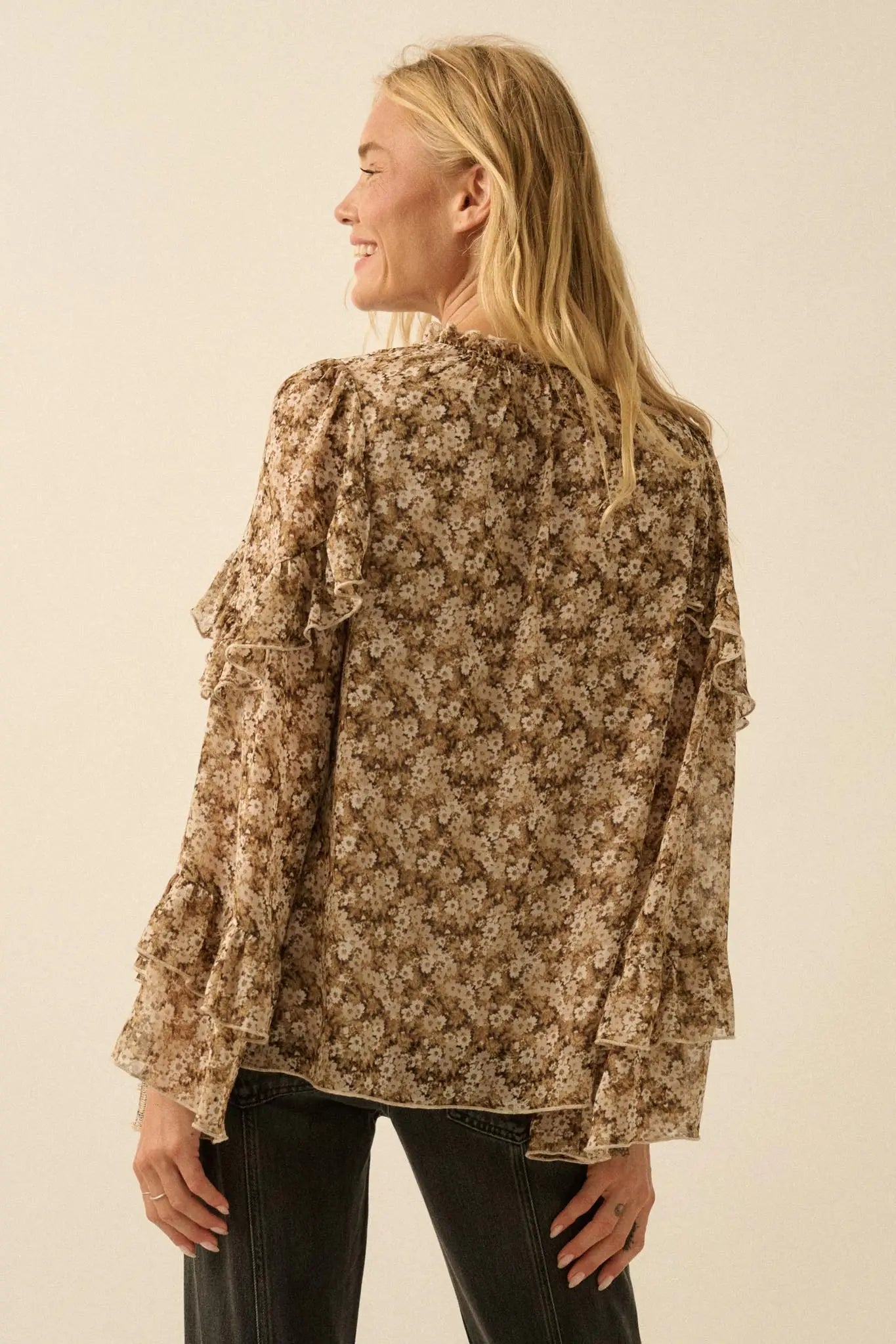 Embrace Me Floral Chiffon Ruffle Bell-Sleeve Top