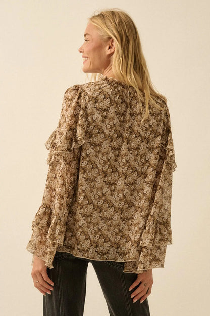 Embrace Me Floral Chiffon Ruffle Bell-Sleeve Top