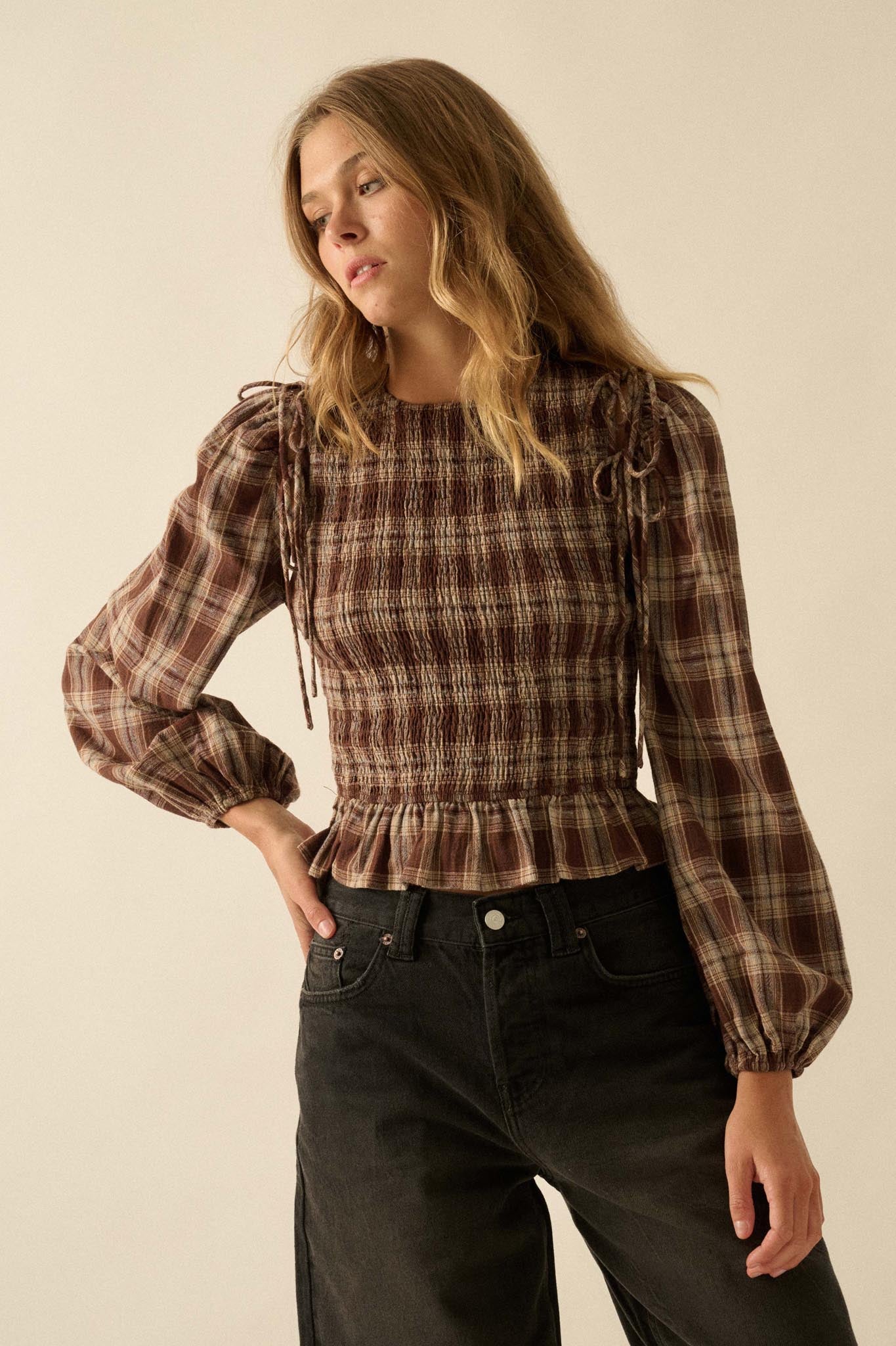 Come Together Plaid Detachable-Sleeve Peasant Top