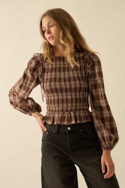 Come Together Plaid Detachable-Sleeve Peasant Top