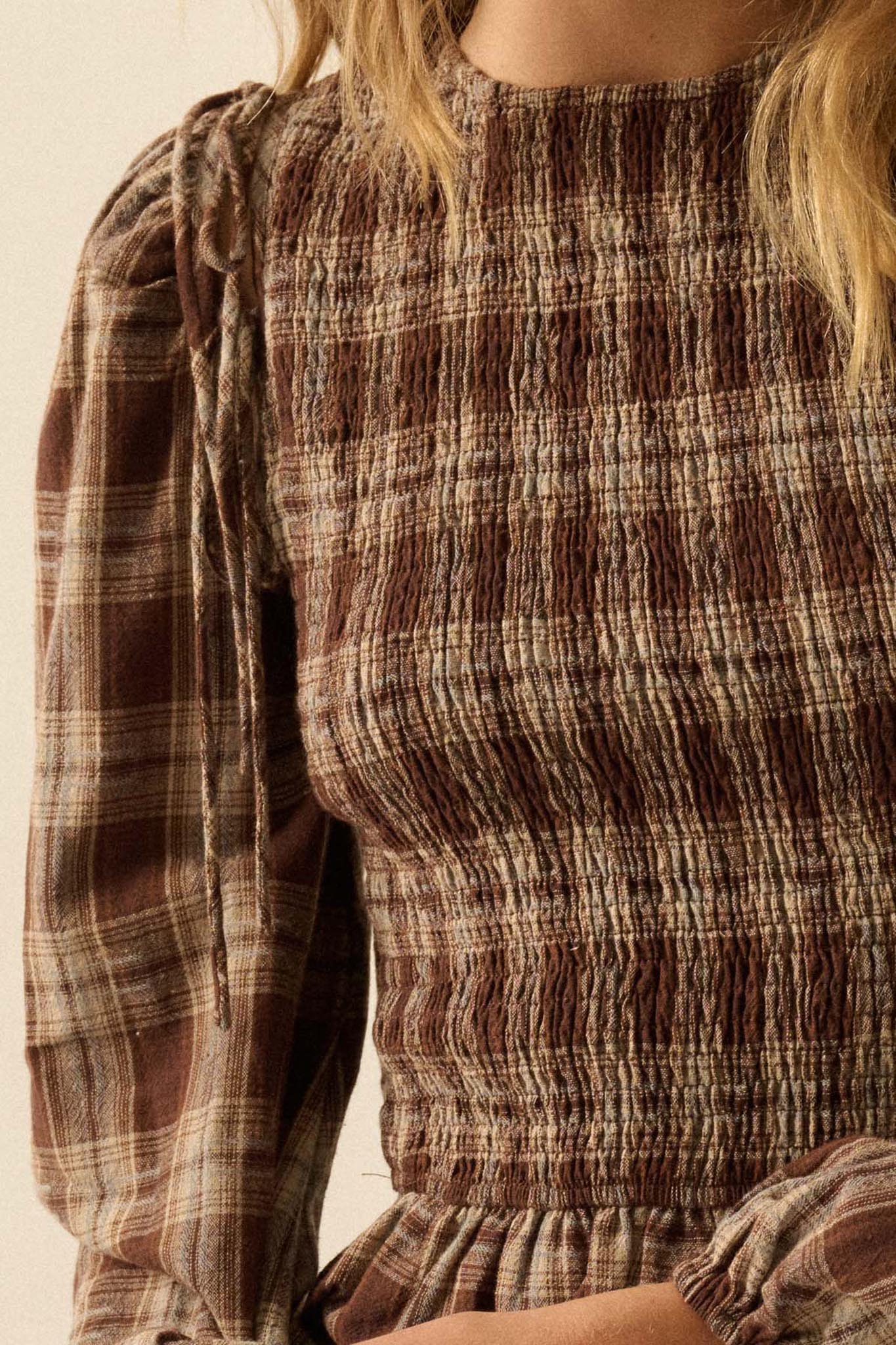 Come Together Plaid Detachable-Sleeve Peasant Top
