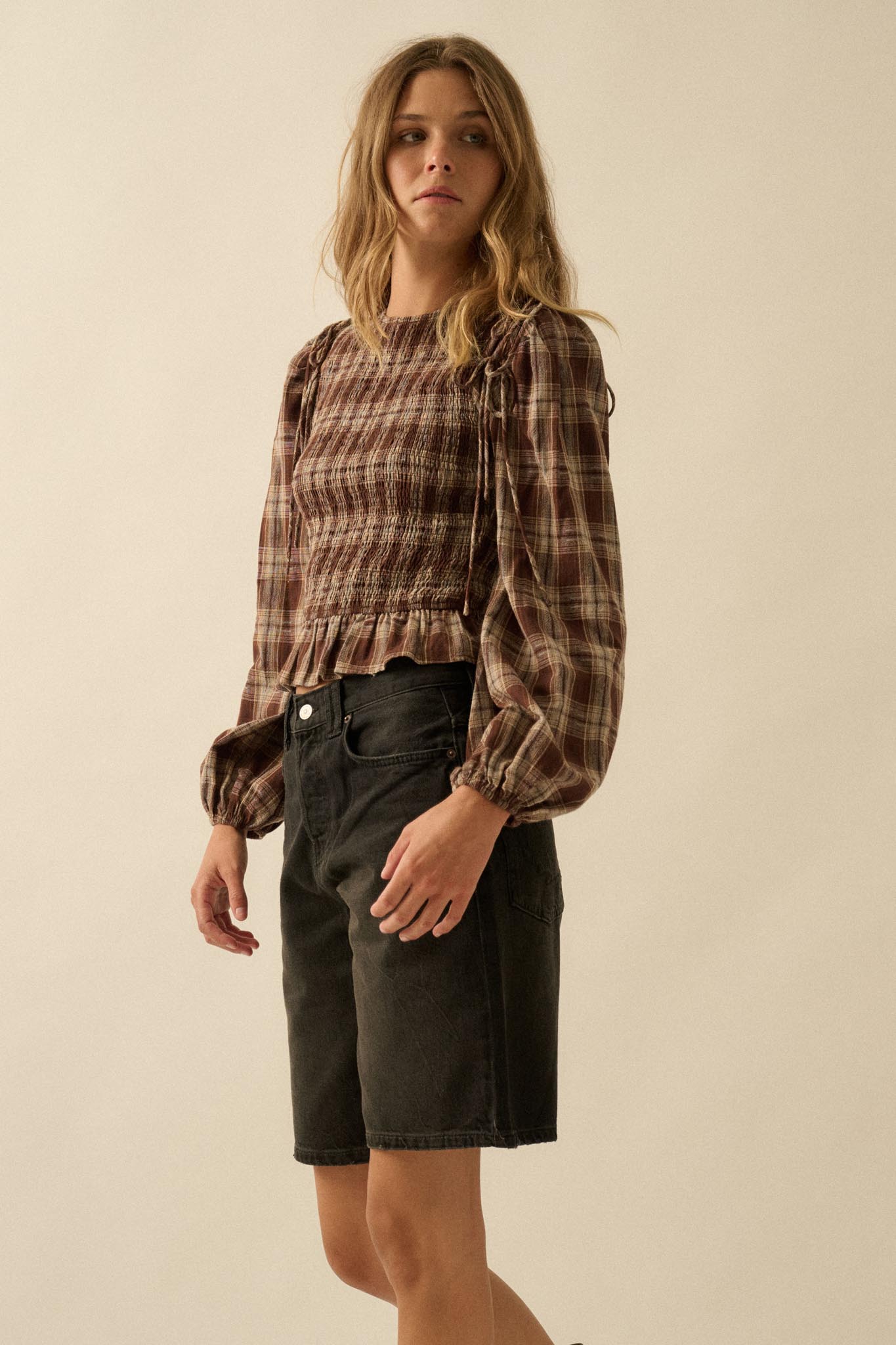Come Together Plaid Detachable-Sleeve Peasant Top