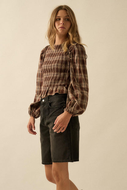 Come Together Plaid Detachable-Sleeve Peasant Top