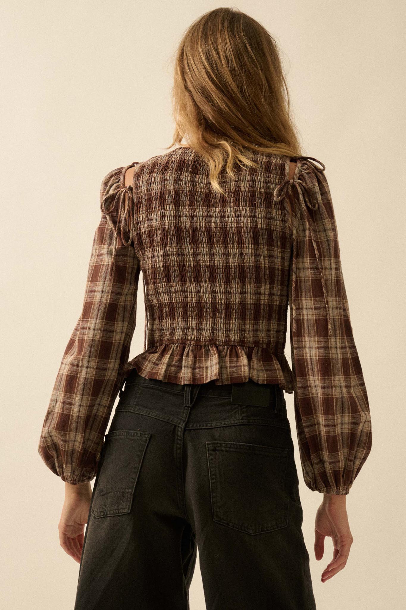 Come Together Plaid Detachable-Sleeve Peasant Top