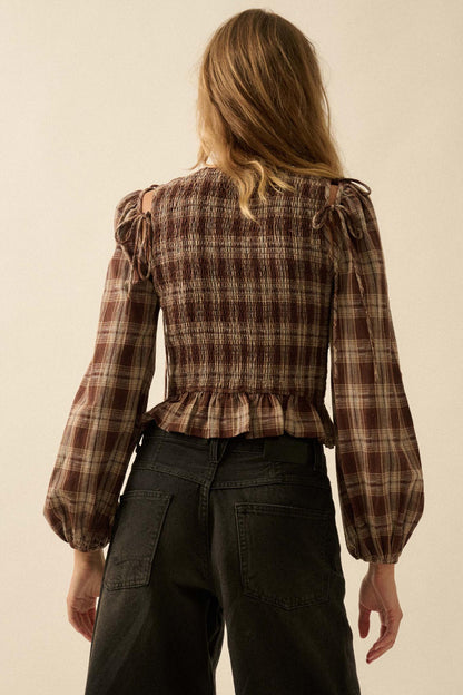 Come Together Plaid Detachable-Sleeve Peasant Top