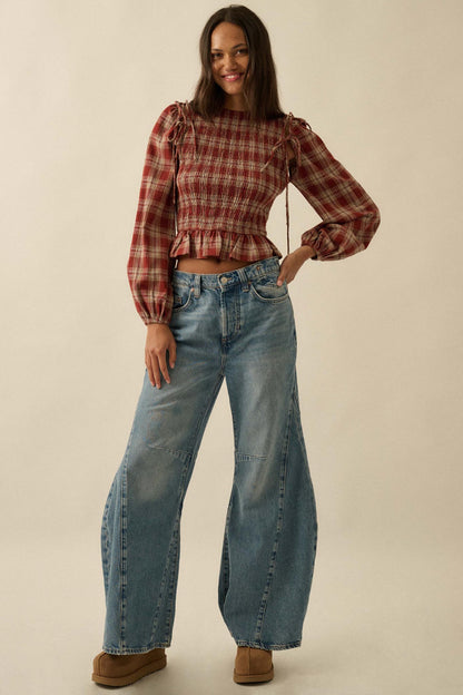 Come Together Plaid Detachable-Sleeve Peasant Top