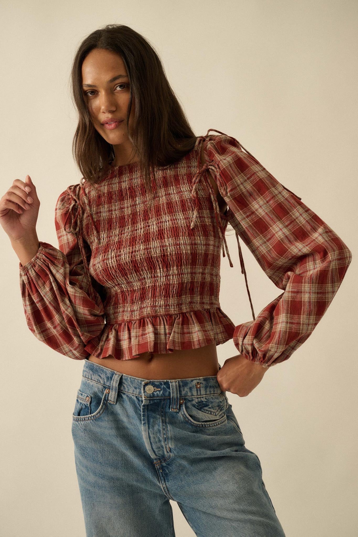 Come Together Plaid Detachable-Sleeve Peasant Top