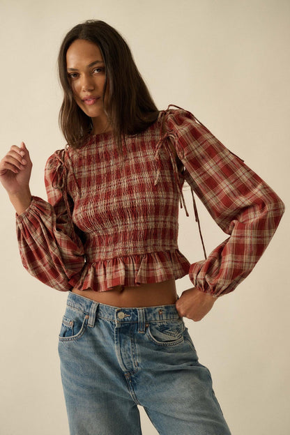 Come Together Plaid Detachable-Sleeve Peasant Top