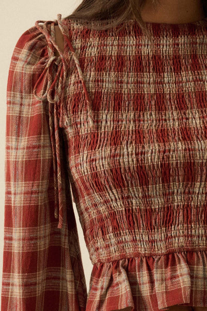 Come Together Plaid Detachable-Sleeve Peasant Top