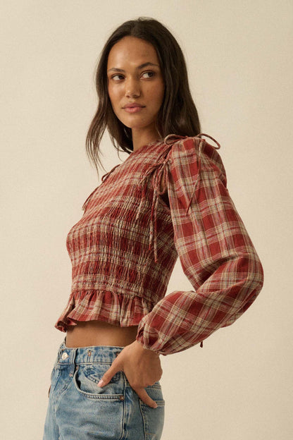 Come Together Plaid Detachable-Sleeve Peasant Top