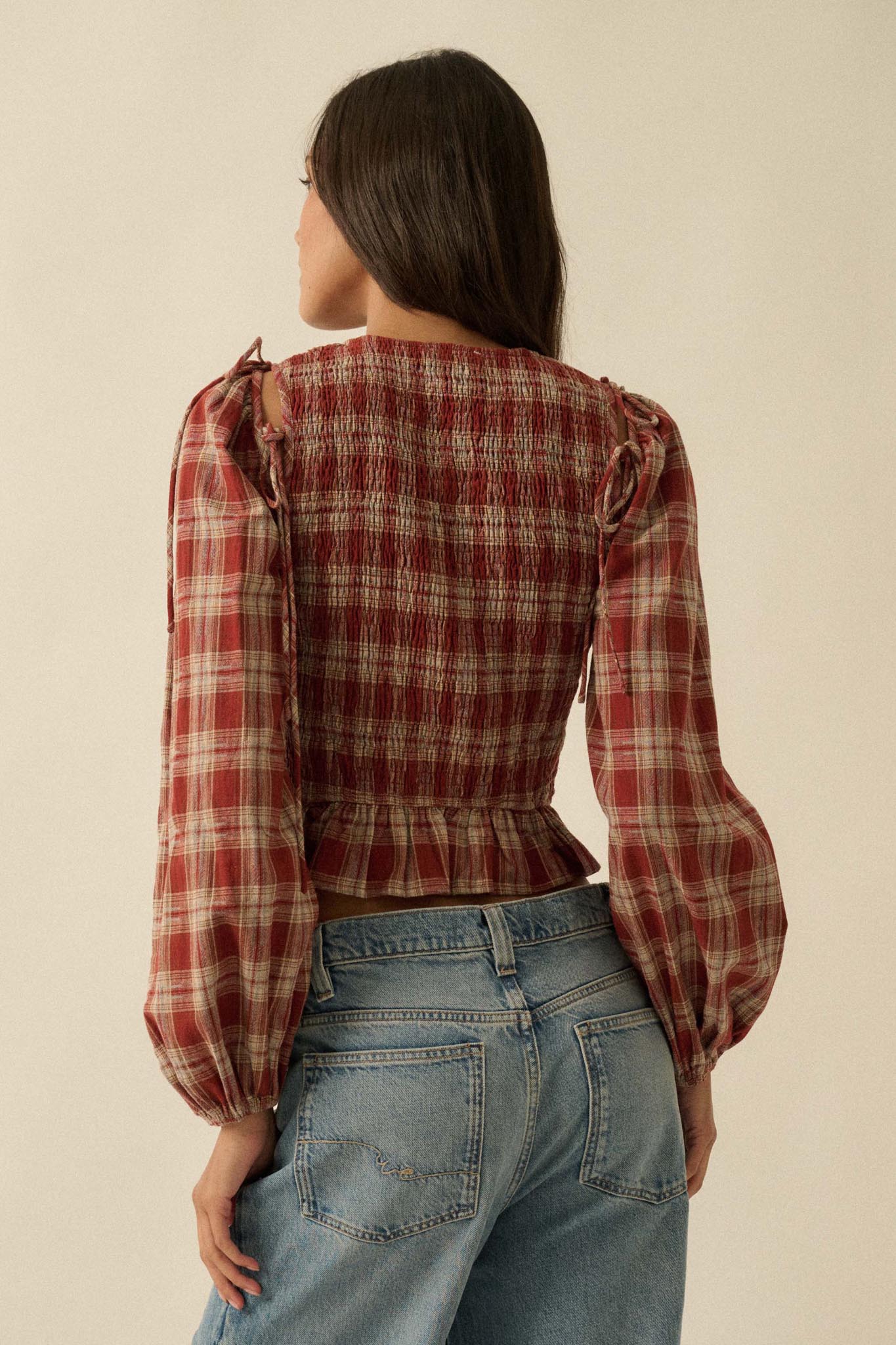 Come Together Plaid Detachable-Sleeve Peasant Top