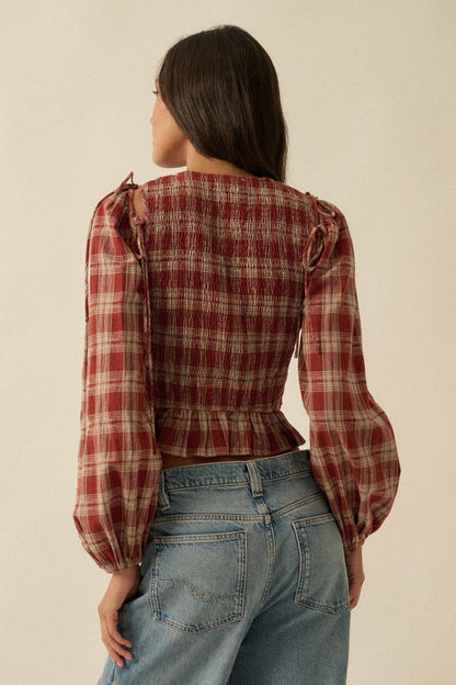 Come Together Plaid Detachable-Sleeve Peasant Top