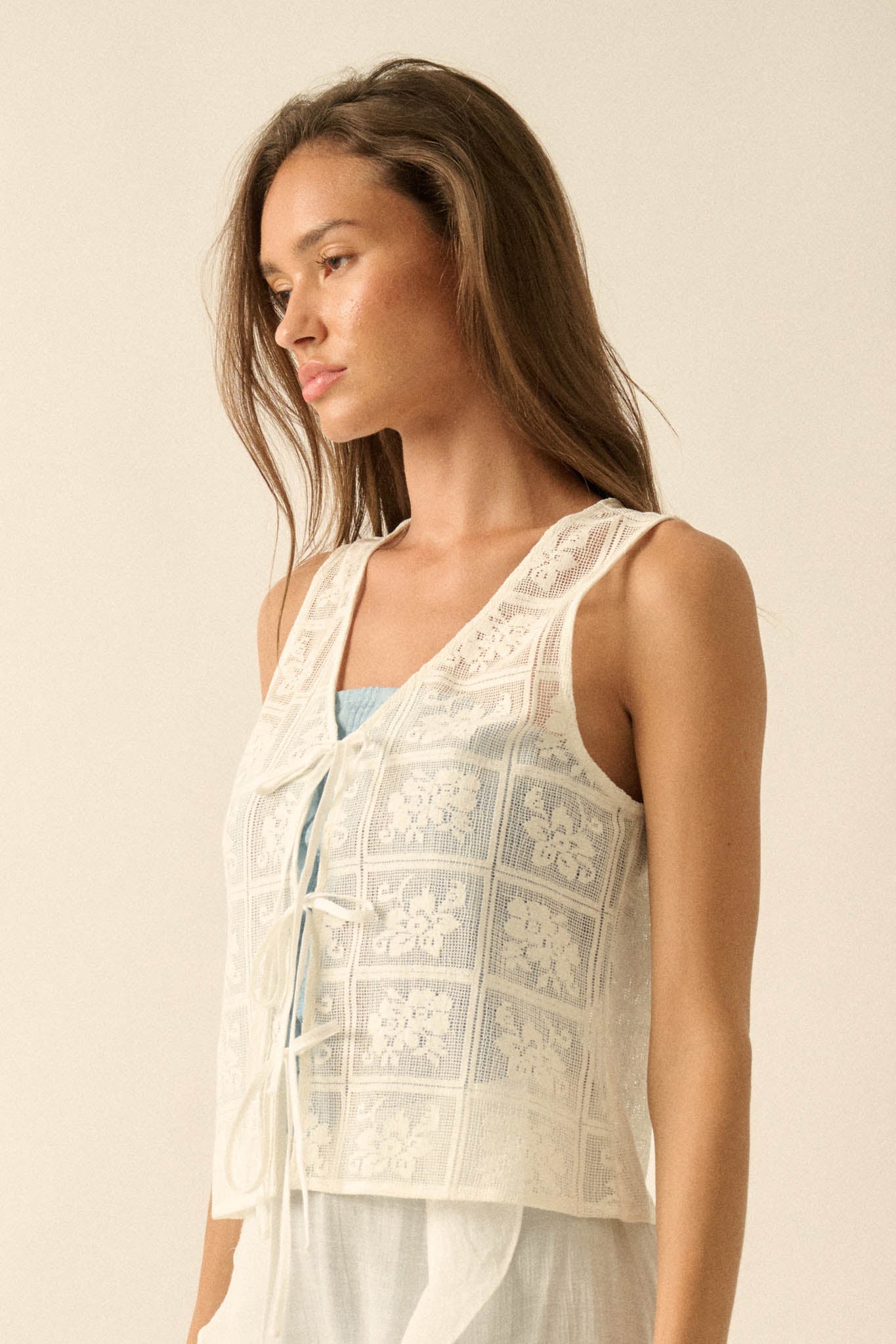 Gentle Soul Floral Lace Tie-Front Vest Top