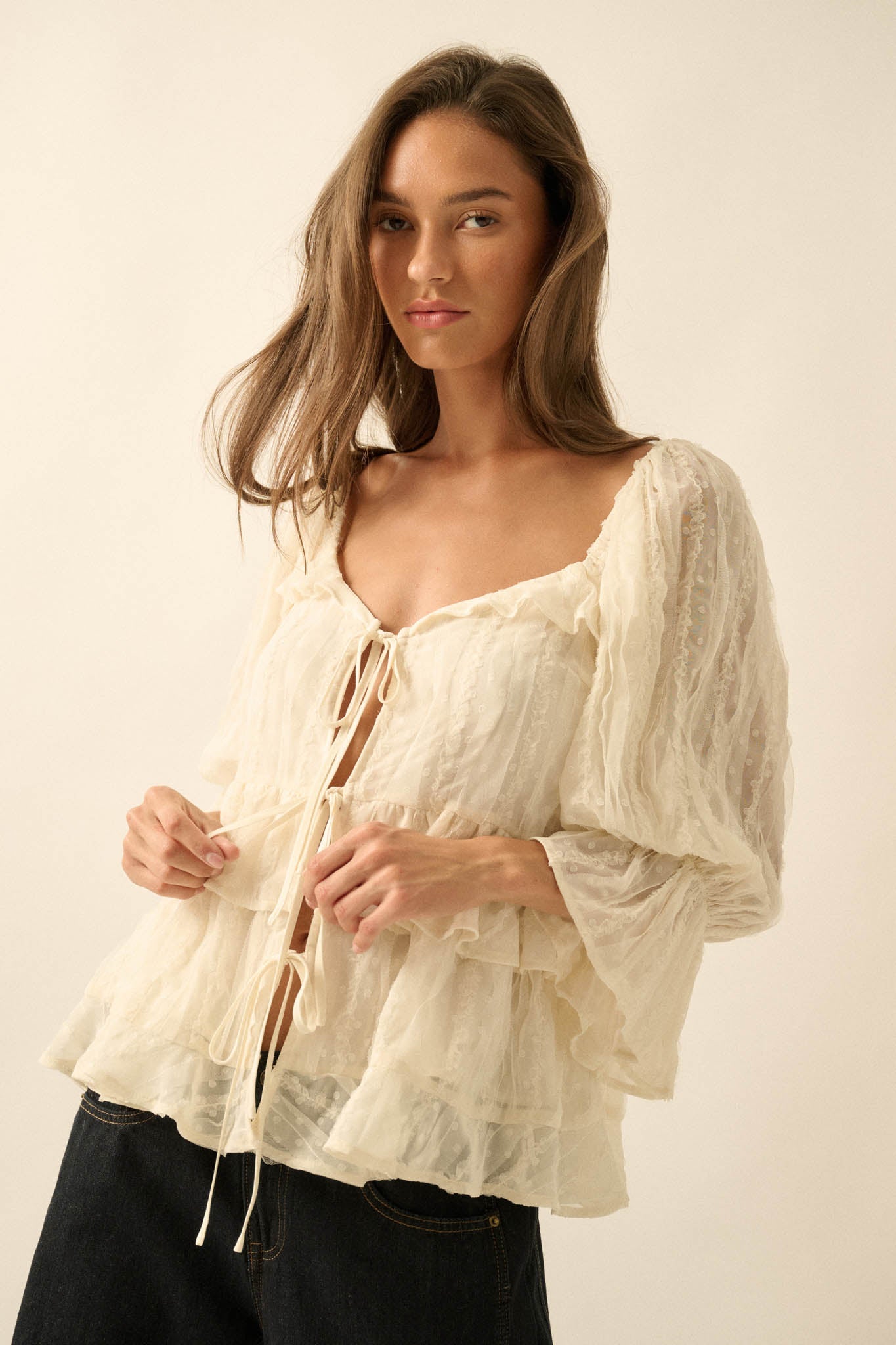 Beauty Spot Ruffled Swiss Dot Tie-Front Peasant Top