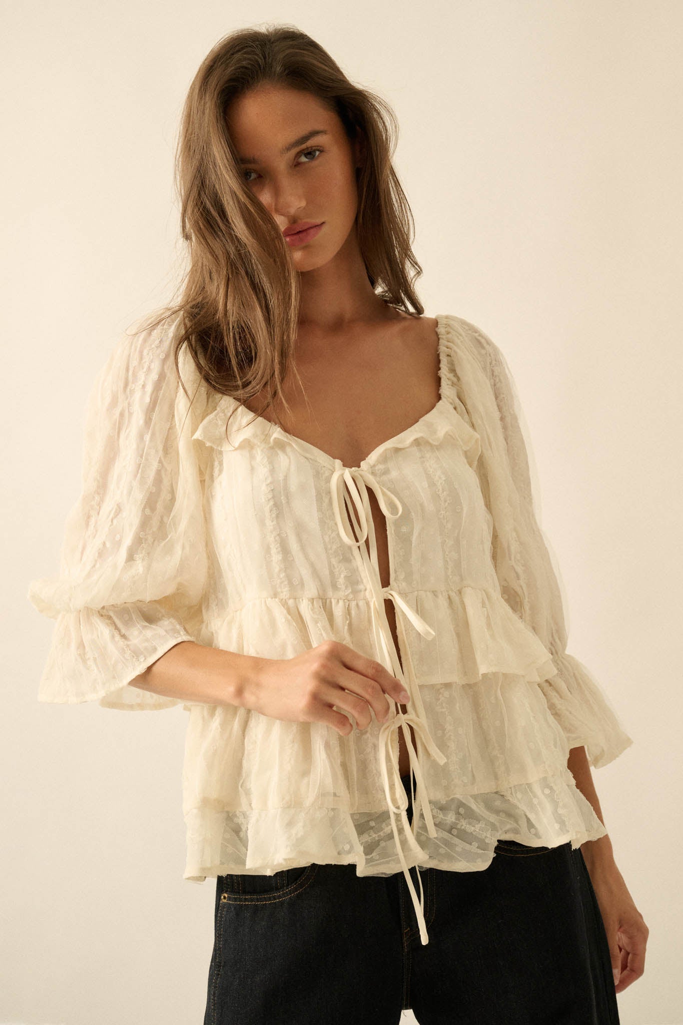 Beauty Spot Ruffled Swiss Dot Tie-Front Peasant Top
