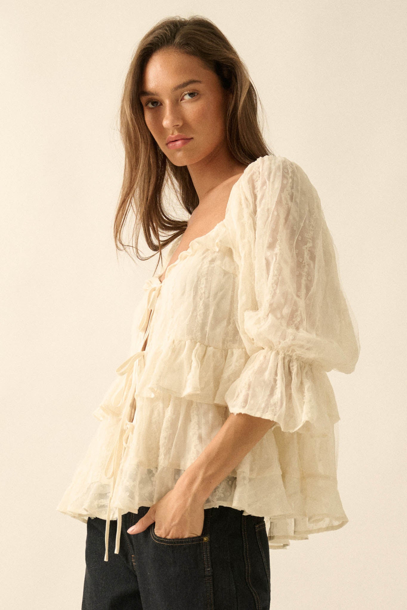 Beauty Spot Ruffled Swiss Dot Tie-Front Peasant Top