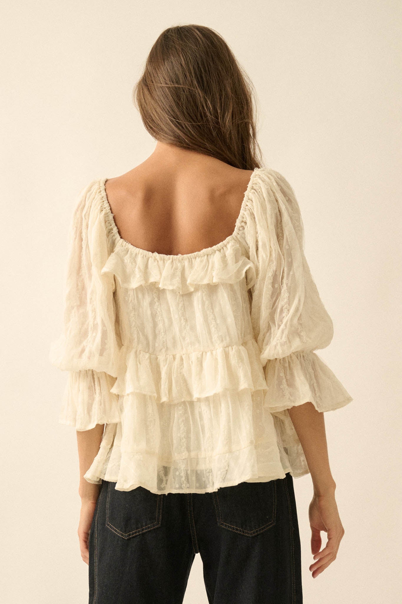 Beauty Spot Ruffled Swiss Dot Tie-Front Peasant Top