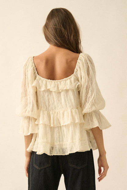 Beauty Spot Ruffled Swiss Dot Tie-Front Peasant Top