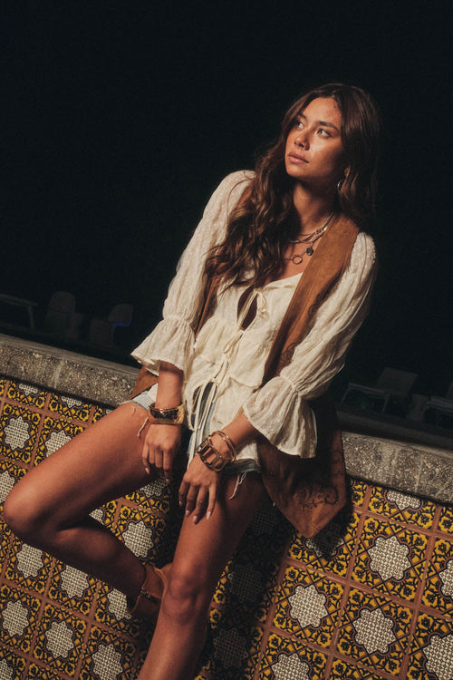 Beauty Spot Ruffled Swiss Dot Tie-Front Peasant Top