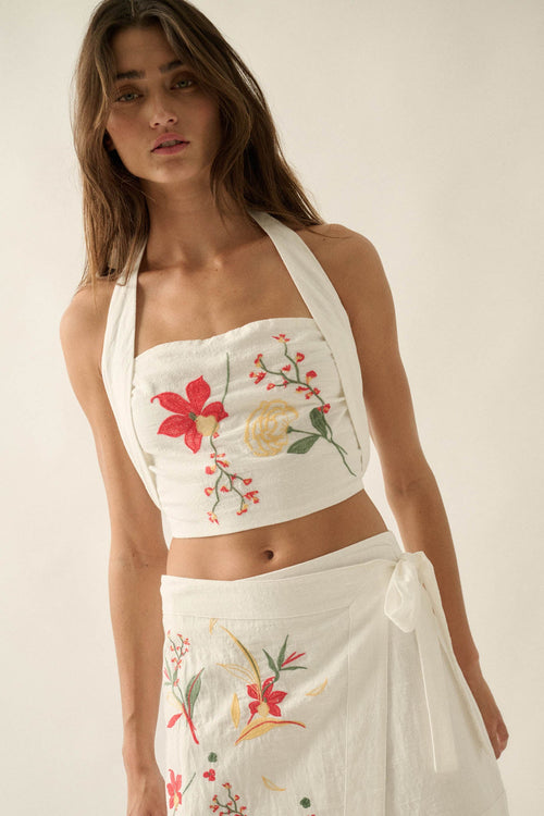 Fresh Flowers Embroidered Cotton Cropped Halter Top