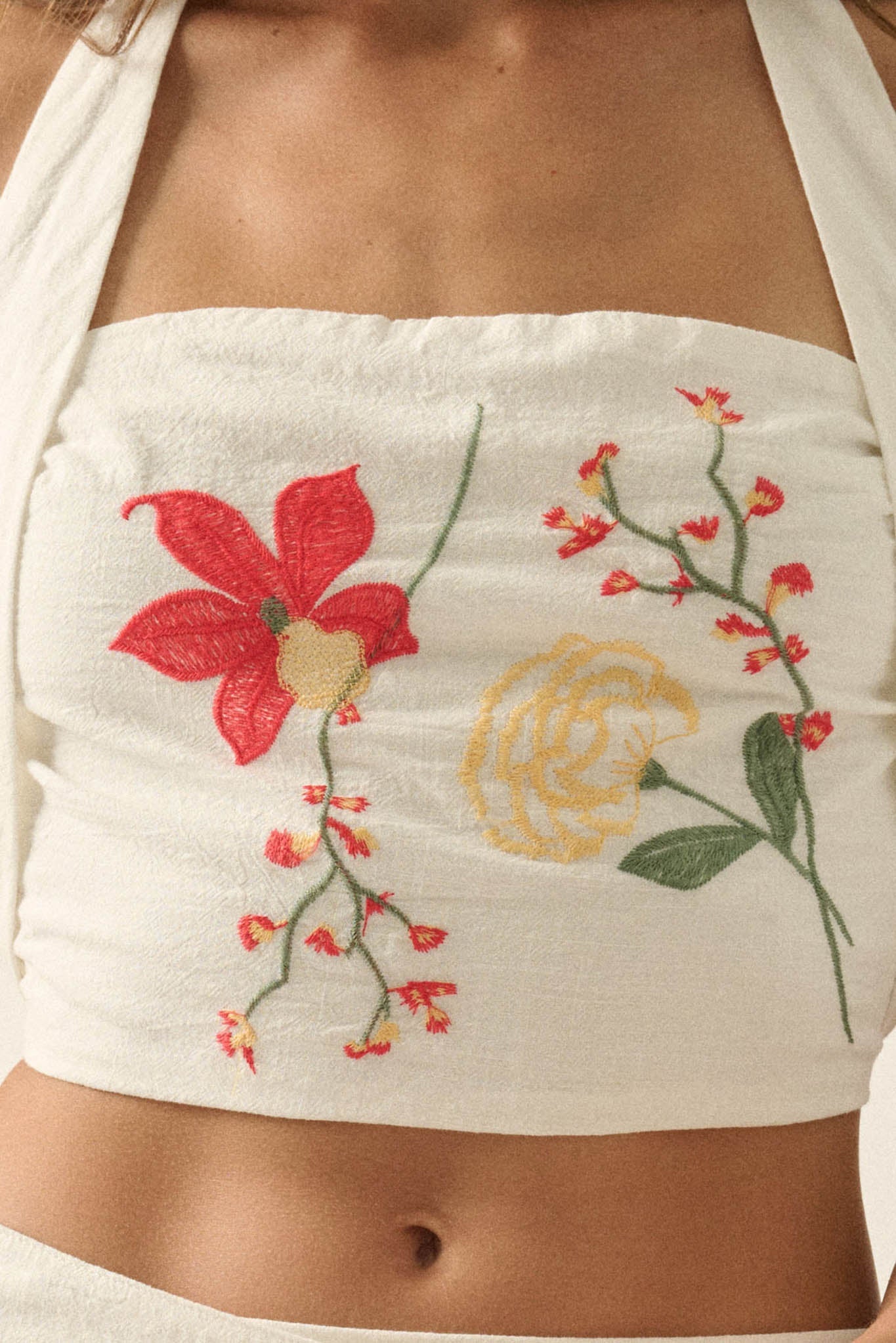 Fresh Flowers Embroidered Cotton Cropped Halter Top