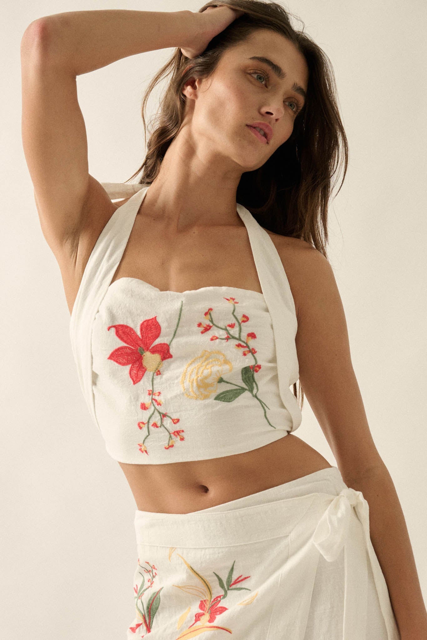 Fresh Flowers Embroidered Cotton Cropped Halter Top