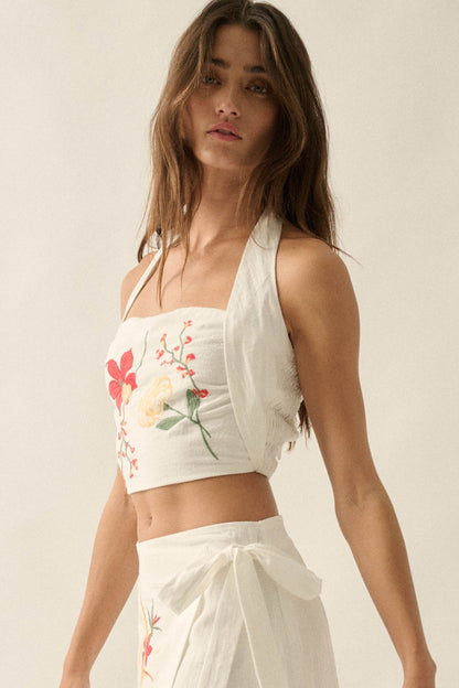 Fresh Flowers Embroidered Cotton Cropped Halter Top