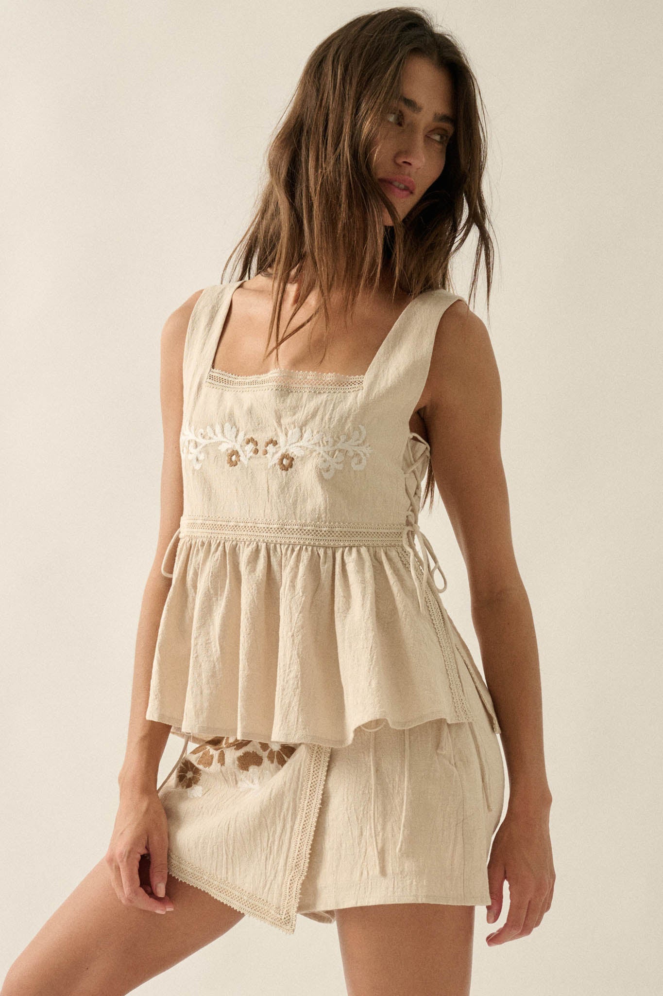 Petal Party Floral-Embroidered Babydoll Tank Top