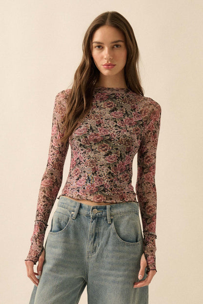Bed of Roses Floral Mesh Mock-Neck Thumbhole Top