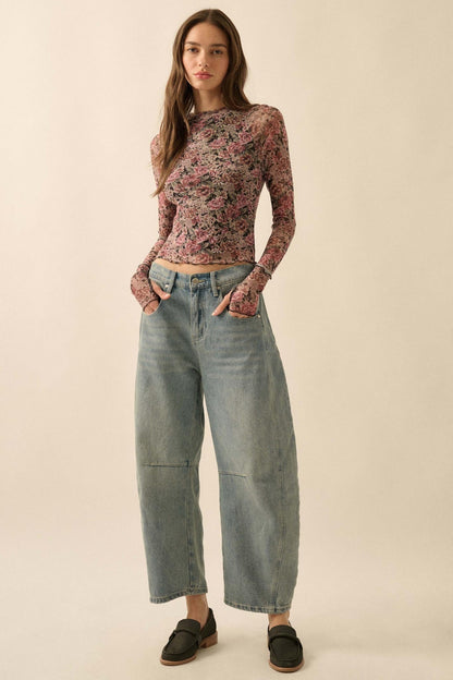 Bed of Roses Floral Mesh Mock-Neck Thumbhole Top