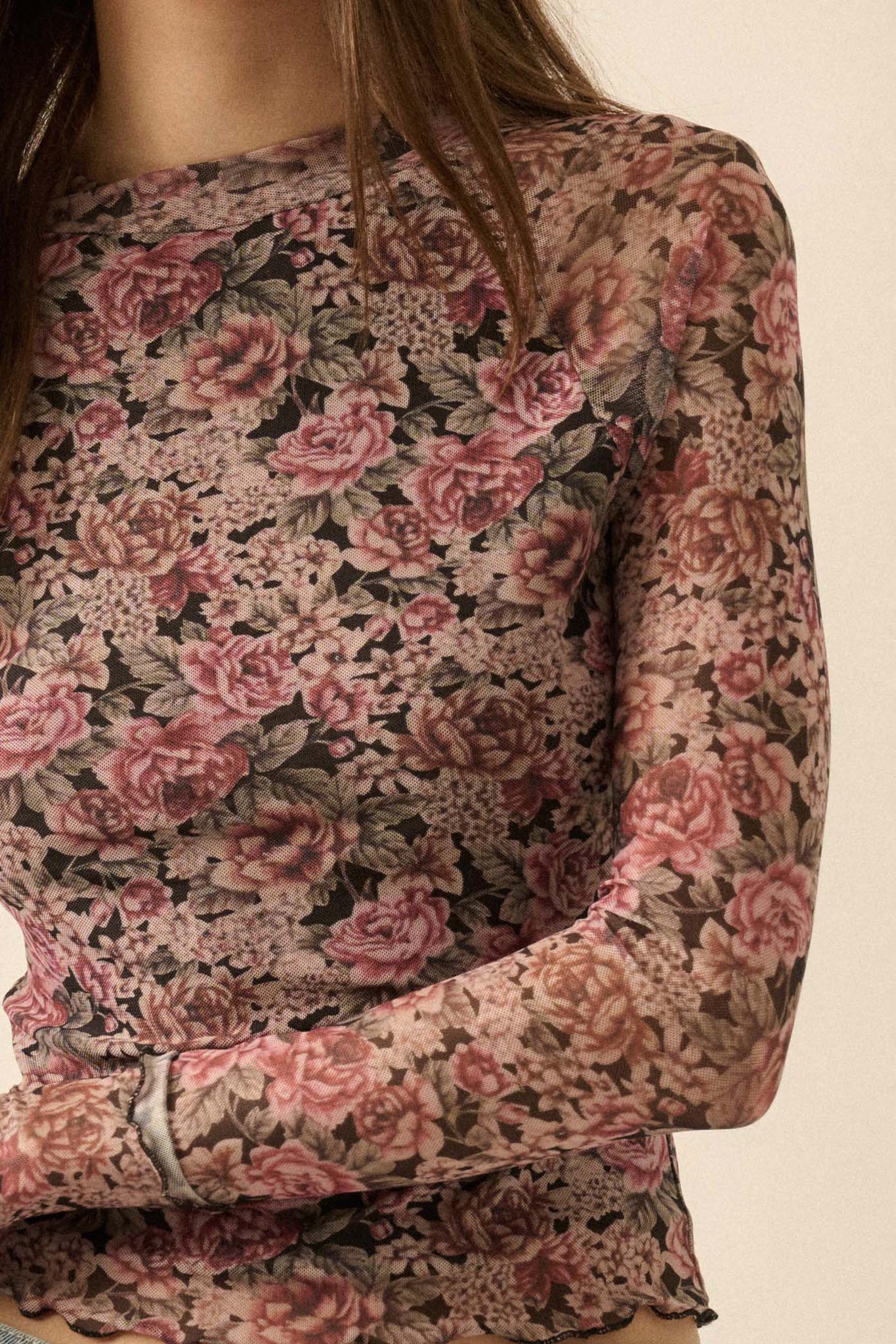 Bed of Roses Floral Mesh Mock-Neck Thumbhole Top