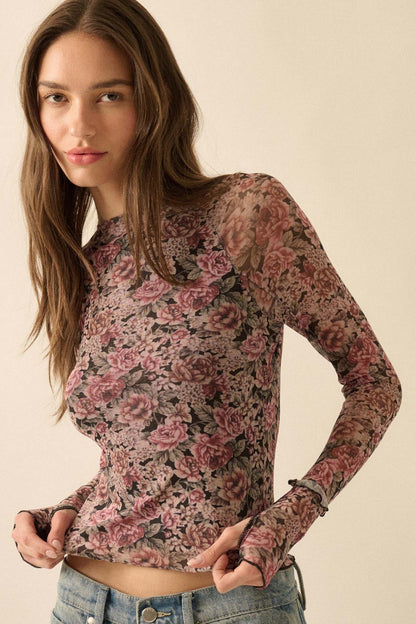 Bed of Roses Floral Mesh Mock-Neck Thumbhole Top
